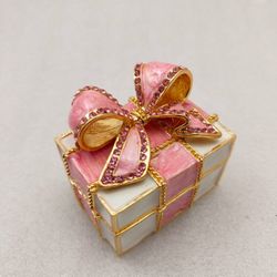 NEW Small Pink Ribbon Metal Enamel Gift Box Jewelry Trinket