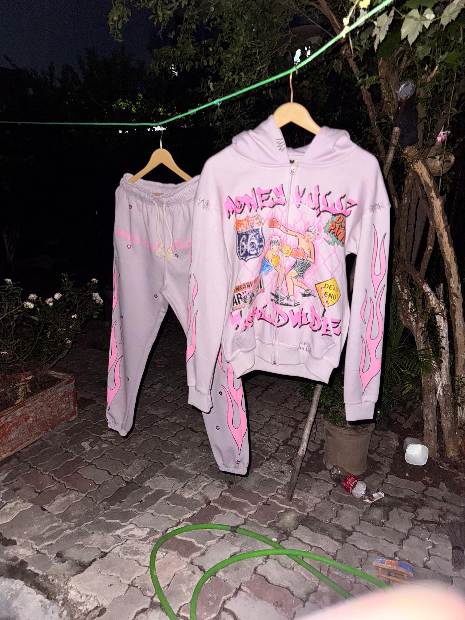 Money Killz black and pink zip-up hoodie with flames 