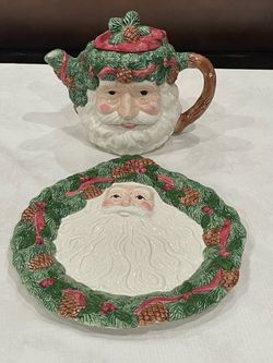 Ceramic Nantucket Santa Claus teapot and matching plate set.