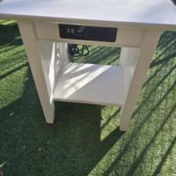 White Wooden Side Table With Built In Charging Ports