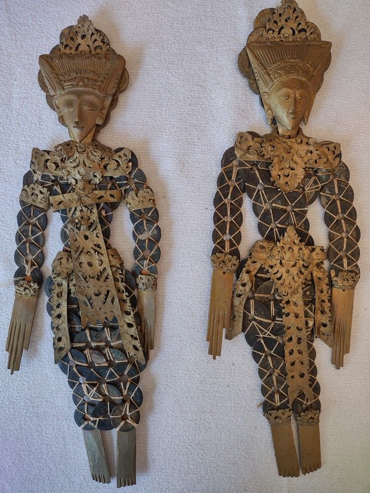 2 Indonesian Balinese Thai Kepeng Dewi Sri Rice Goddess Folk Art Coin Figurines