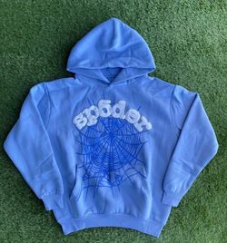 Sp5der Men’s Blue Pullover Hoodie Spider Web Graphic Rhinestone Logo Size M
