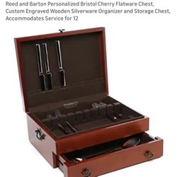 Engraved Wooden Silverware Organizer and Storage Chest,