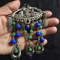 Beautiful! Vtg Lucite Cabochons Large Pendant Silver Tone Birds Tree Dangle 6.5"