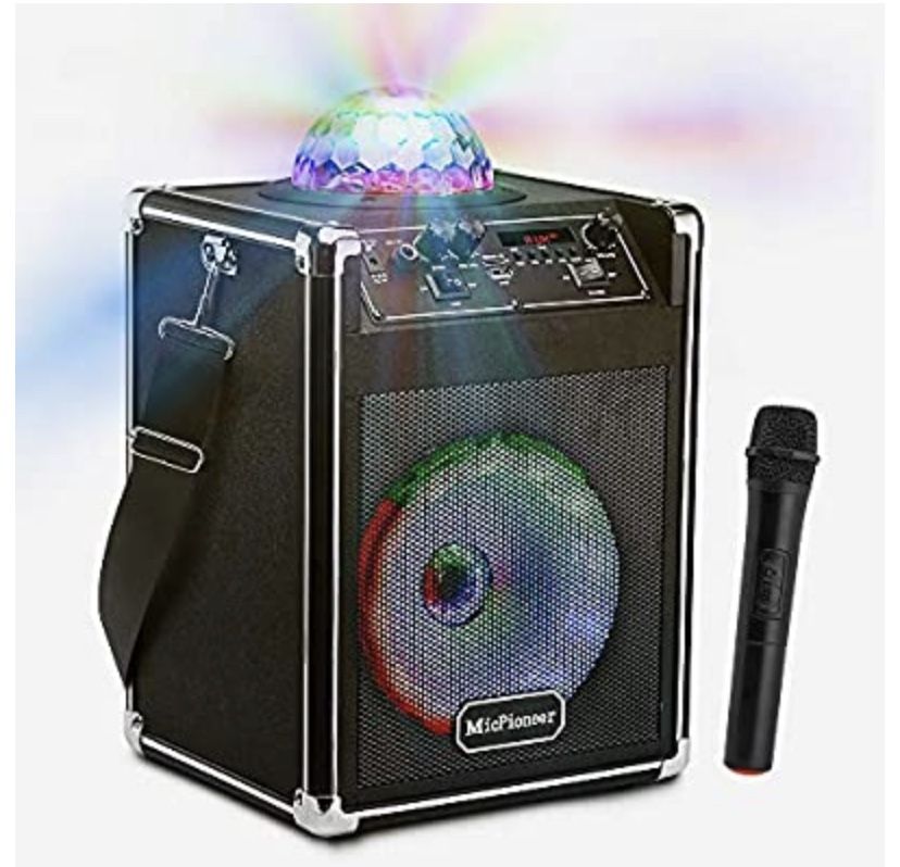 MicPioneer Bluetooth Karaoke Machine with Disco Lights, 25W Portable PA Sound System with Wireless Microphone for Kids and Adults
