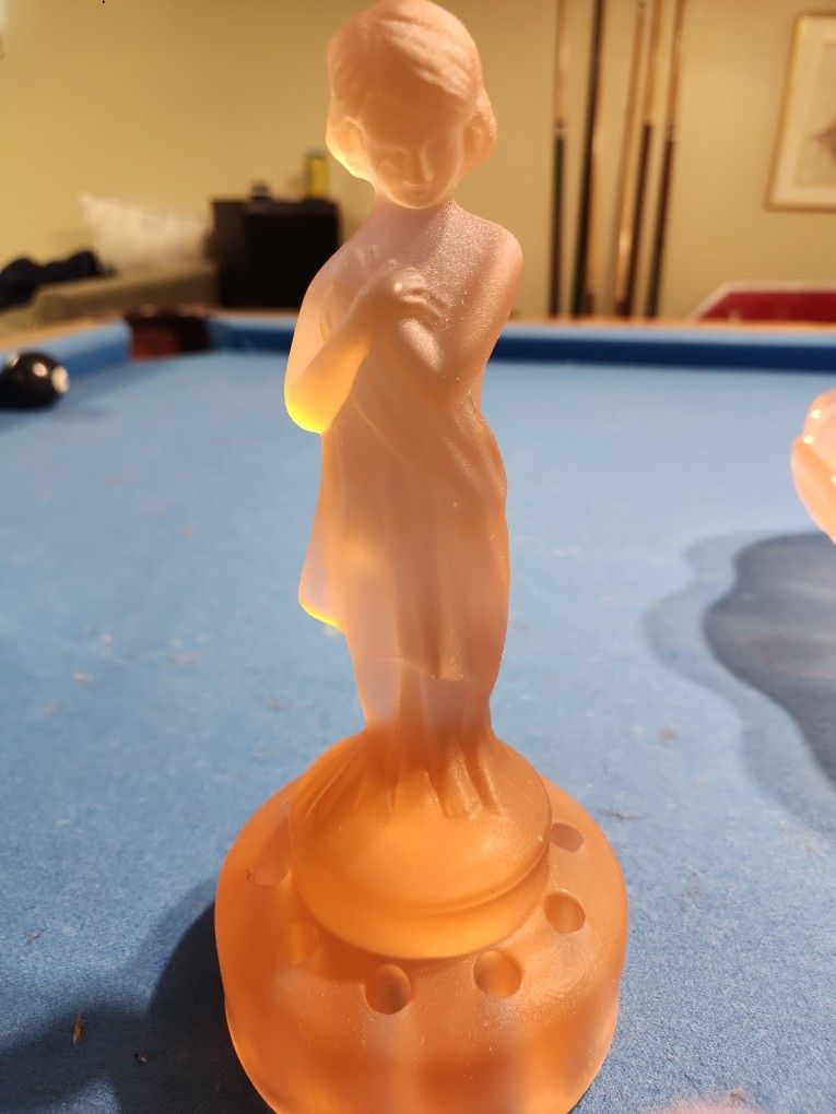 Art Deco Antique Frosted Pink Glass Draped Lady Flower Frog Cambridge Glass Co