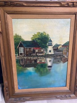 Vintage Large Framed Lighthouse Painting