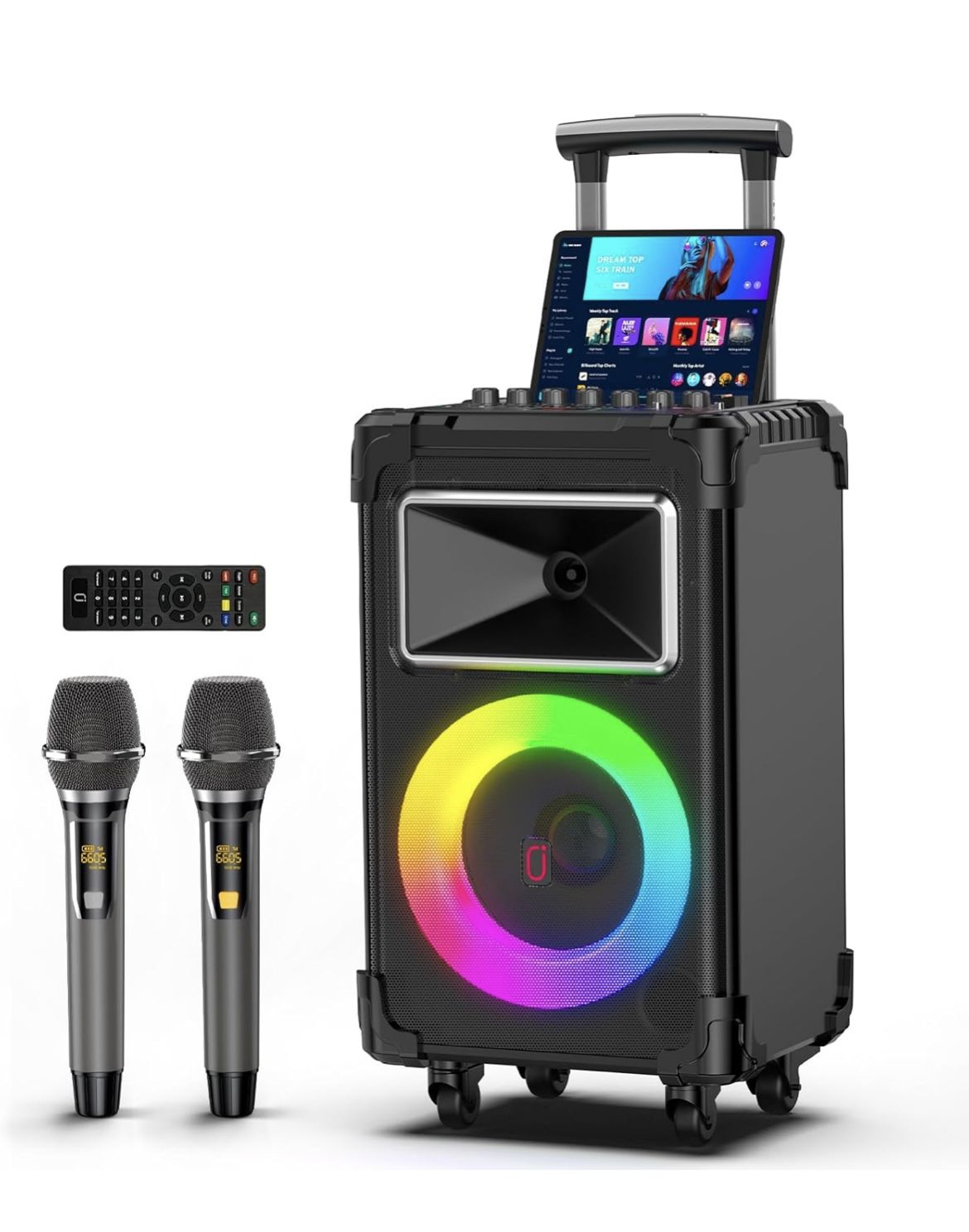 JYX Karaoke Machine with 2 Wireless Mics, 10" Woofer 500W Peak Power Big Portable Bluetooth Speaker with Bass/Treble Adjustment, PA System with Remote