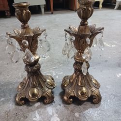 2 Brass, Tear Drop Crystal Candle Holders