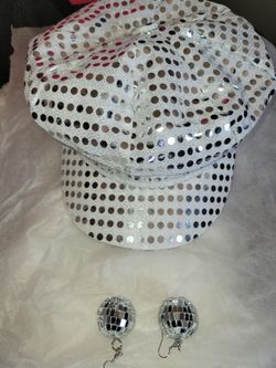 Silver Sequin Hat with Disco Ball Earrings
