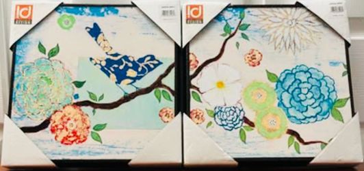 Floral Wall Art Set of 2 – 12x12 – Bathroom/Bedroom Decor – New