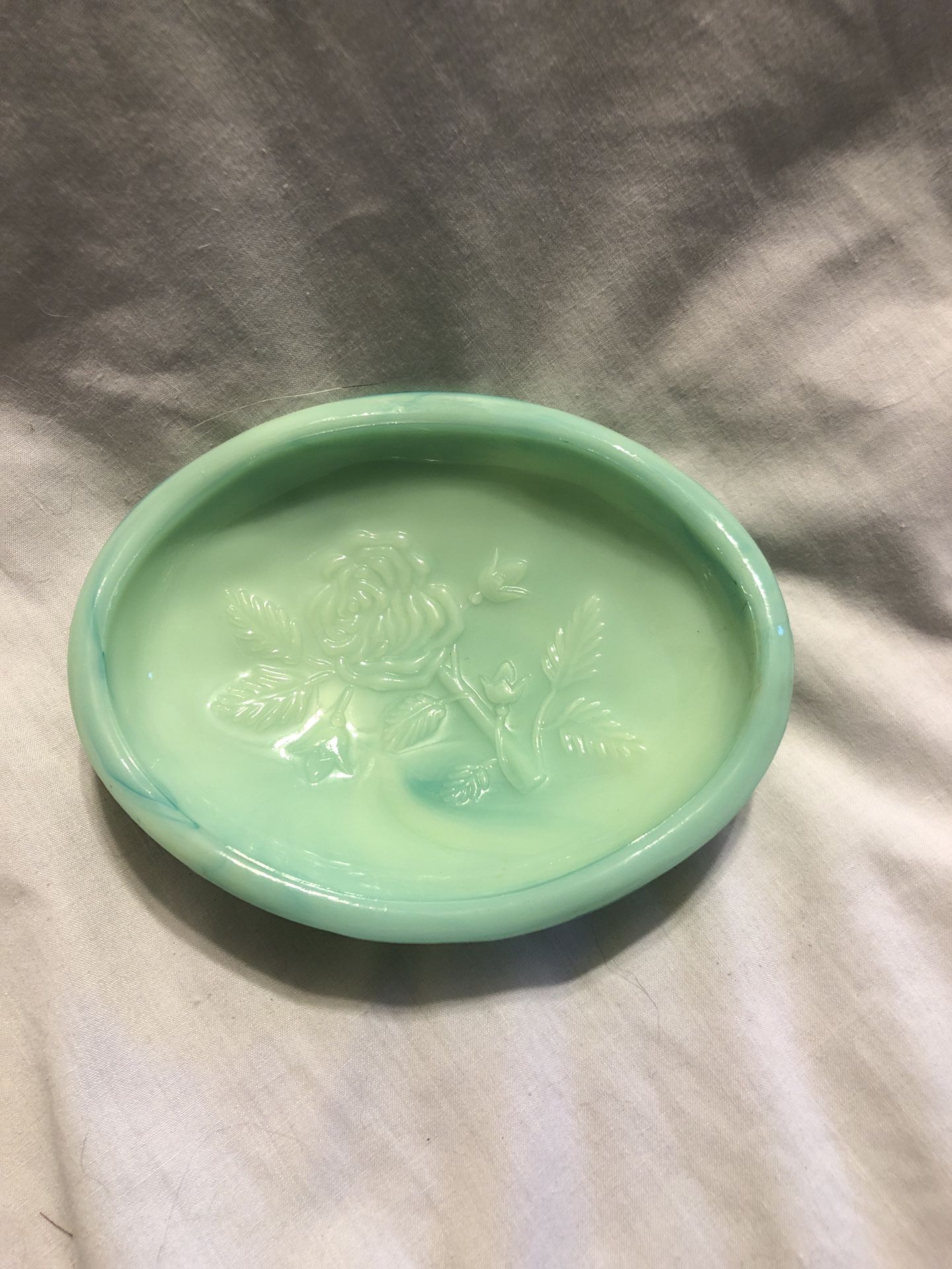 Vintage Avon Blue Green Rose Pattern Milkglass Soap dish