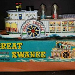 Vintage Nomura THE GREAT SWANEE Tin Friction Riverboat w/ Box - Japan Tin Toy