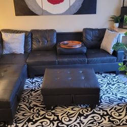 Black Faux Leather Sectional With Ottoman 