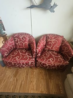 Pair of Vintage Red Jacquard Barrel / Tub Accent Chairs