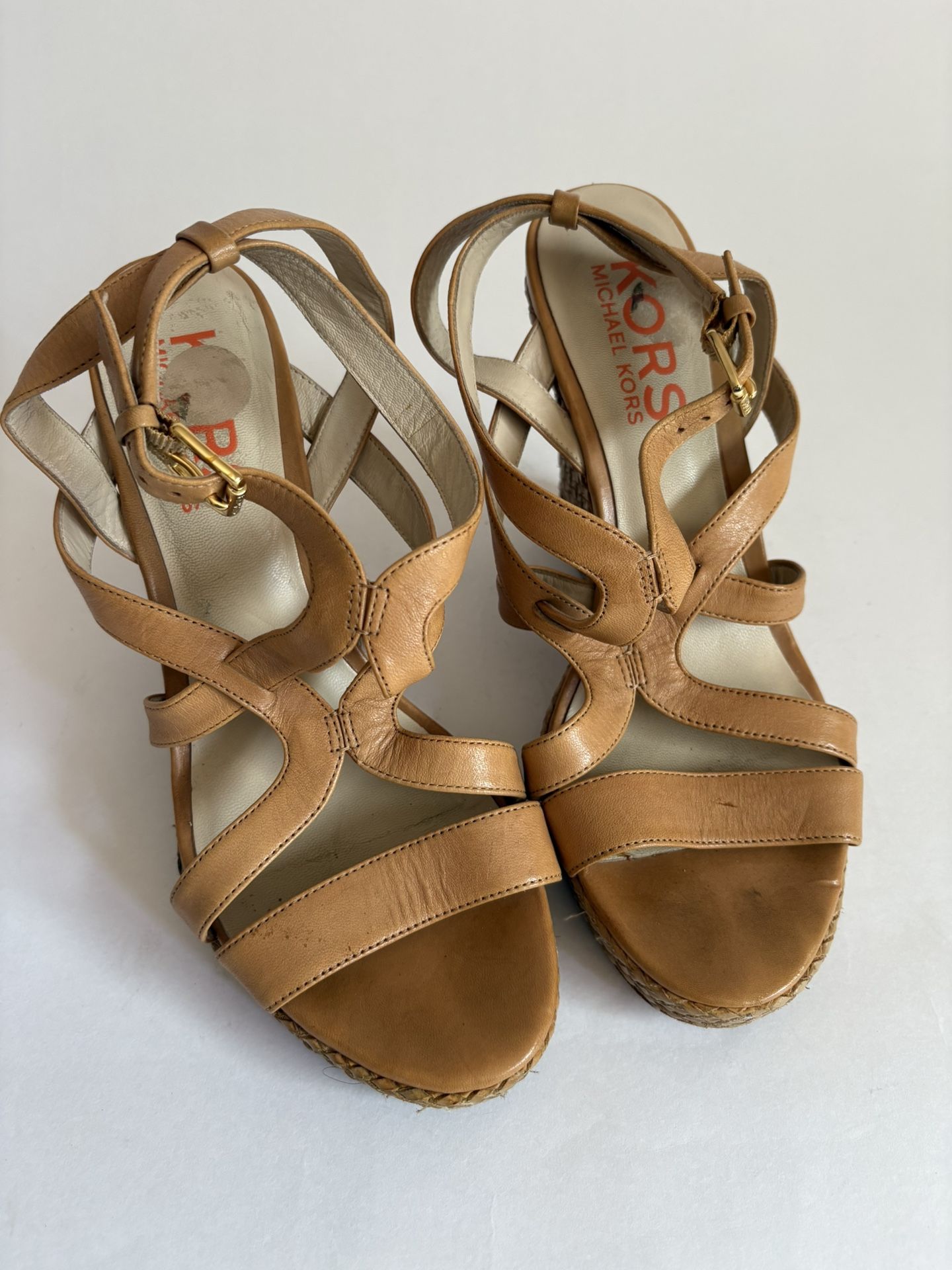 KORS Tan Leather Wedge Sandals โ Size 10