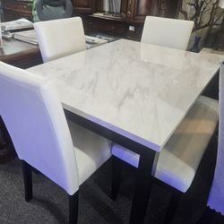 Brand New White Faux Marble Dining Table (48"×32"×30"l + 3 White Faux Leather Chairs + Bench