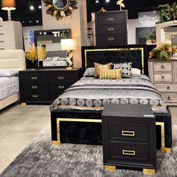 4 piece black and gold queen size bedroom set | included bed frame ,dresser ,mirror ,nightstand
