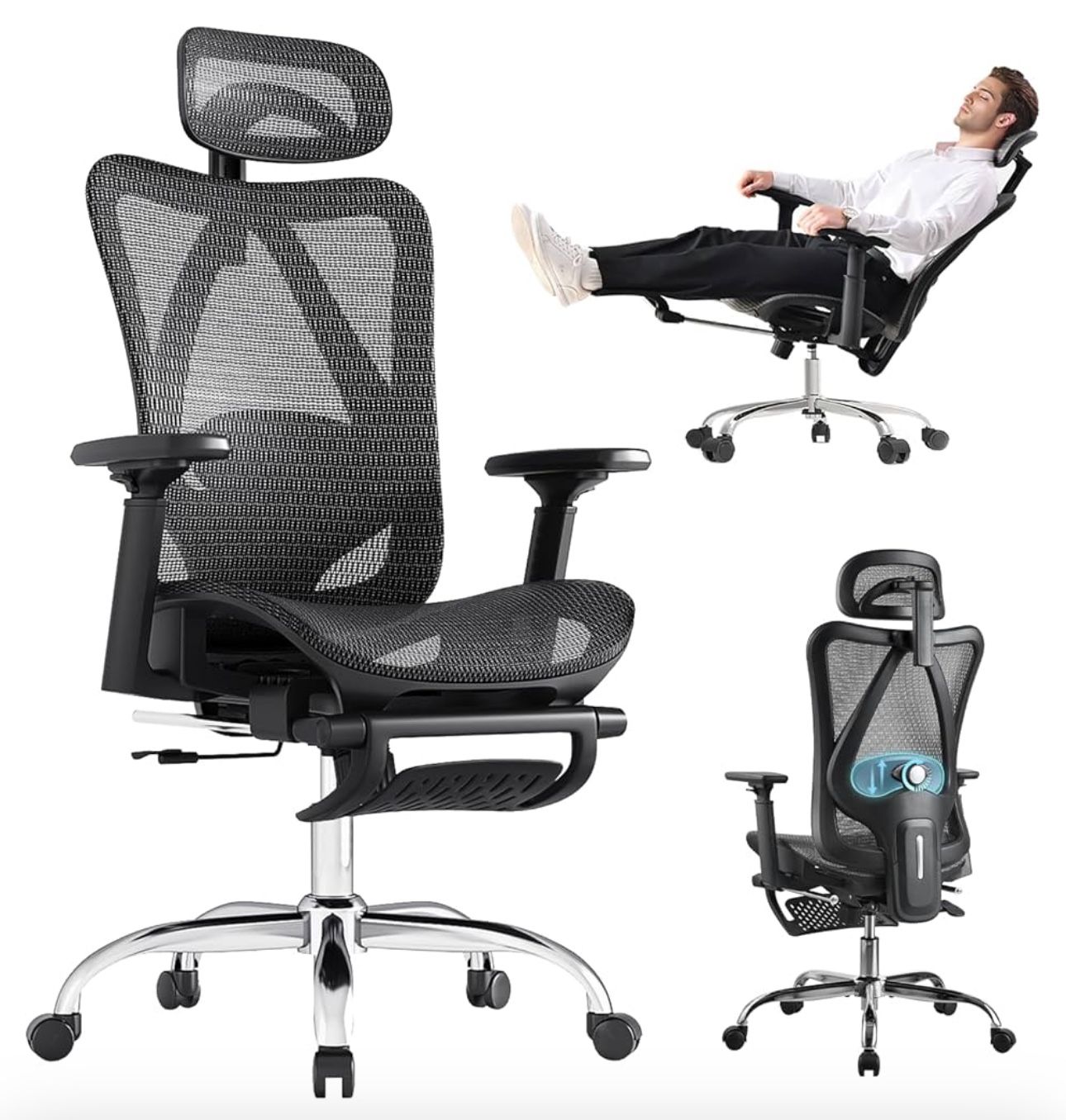 Ergonomic Office Chair, 3-Level Tilt Backrest, 3D Headrest & Armrest and Retractable Footrest, Mesh Breathable SGS Class 4 Gas Clylinder, Dark Grey an