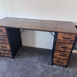 Rustic Brown Computer Desk w/ 8 Fabric Drawers