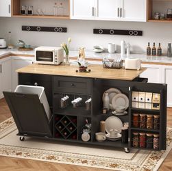 59 Inch Kitchen Island on Wheels, Rolling Kitchen Island with Power Outlet & Drop Leaf, Mobile Rolling Cart with Trash Storage Cabinet, Towel Rack, Wi