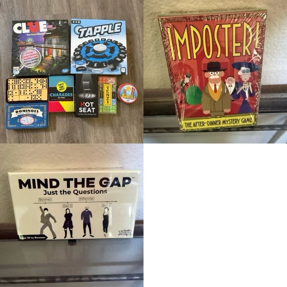 Clue, charades, dominoes, spot it, tenzi, hot seat, tapple, New Imposter! After dinner party game, New SolidRoots Mind the Gap generational trivia ga