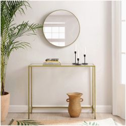 Console Table, Tempered Glass Table, Modern Sofa or Entryway Table, Metal Frame, Sturdy, Adjustable Feet, for Living Room, Hallway, Golden