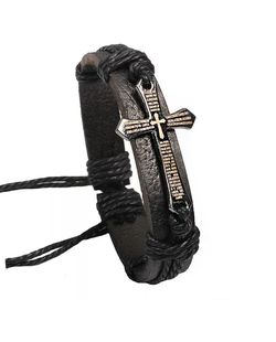 MEN BLACKSILVER LEATHER WRAP CROSS BRACELET