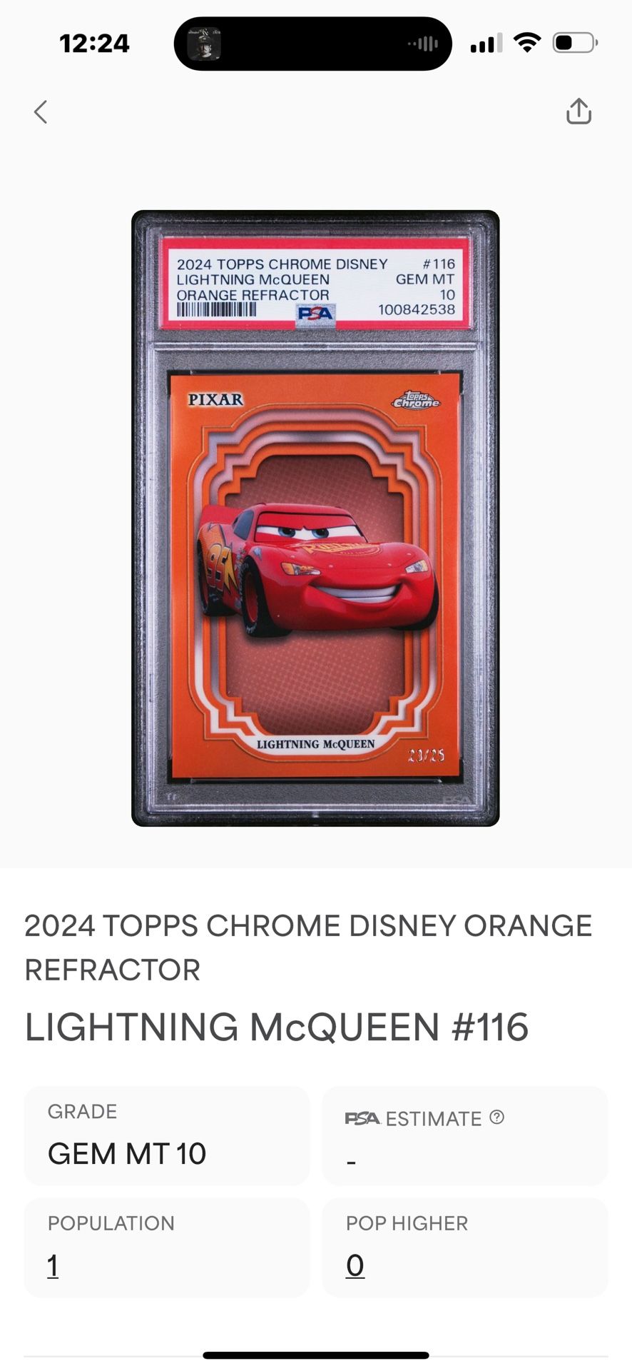 2024 Disney Topps Chrome Lightning McQueen/25 PSA 10, POP