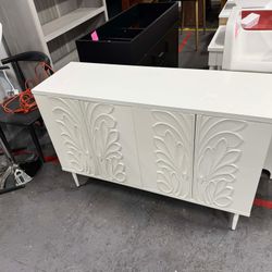 HLR 47.24"W Modern 4-Door Credenza with 3D Floral Doors & Shelves, Storage Sideboard for Dining Room, Kitchen White YJJ240025