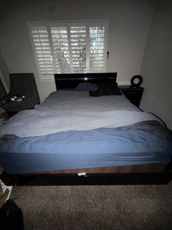 Queen bed frame mattress and nightstand