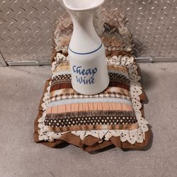 Vintage Cheap Wine Pottery Pitcher 
Good quality condition with no chips.
White base with cobalt blue writing and stripe.
