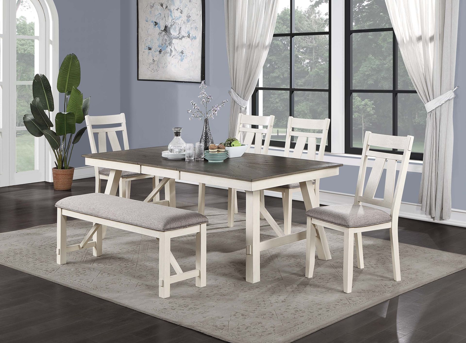 TWO TONED WOODEN DINING TABLE WITH CHAIRS AND BENCH