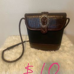 Fashionable Brown And Black Leather Shoulder Purse