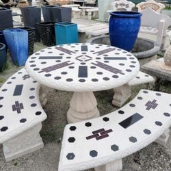 Concrete Stone Mosaic Picnic Table with 3 Benches/ Outdoor Patio Furniture