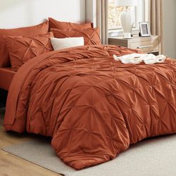 Bedsure Full Comforter Set Burnt Orange – 7-Piece Bed in a Bag Bedding Set, All-Season Pinch Pleat
