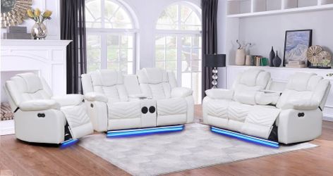 White Leather aire power recliner Sofa w/Drop down table & led light