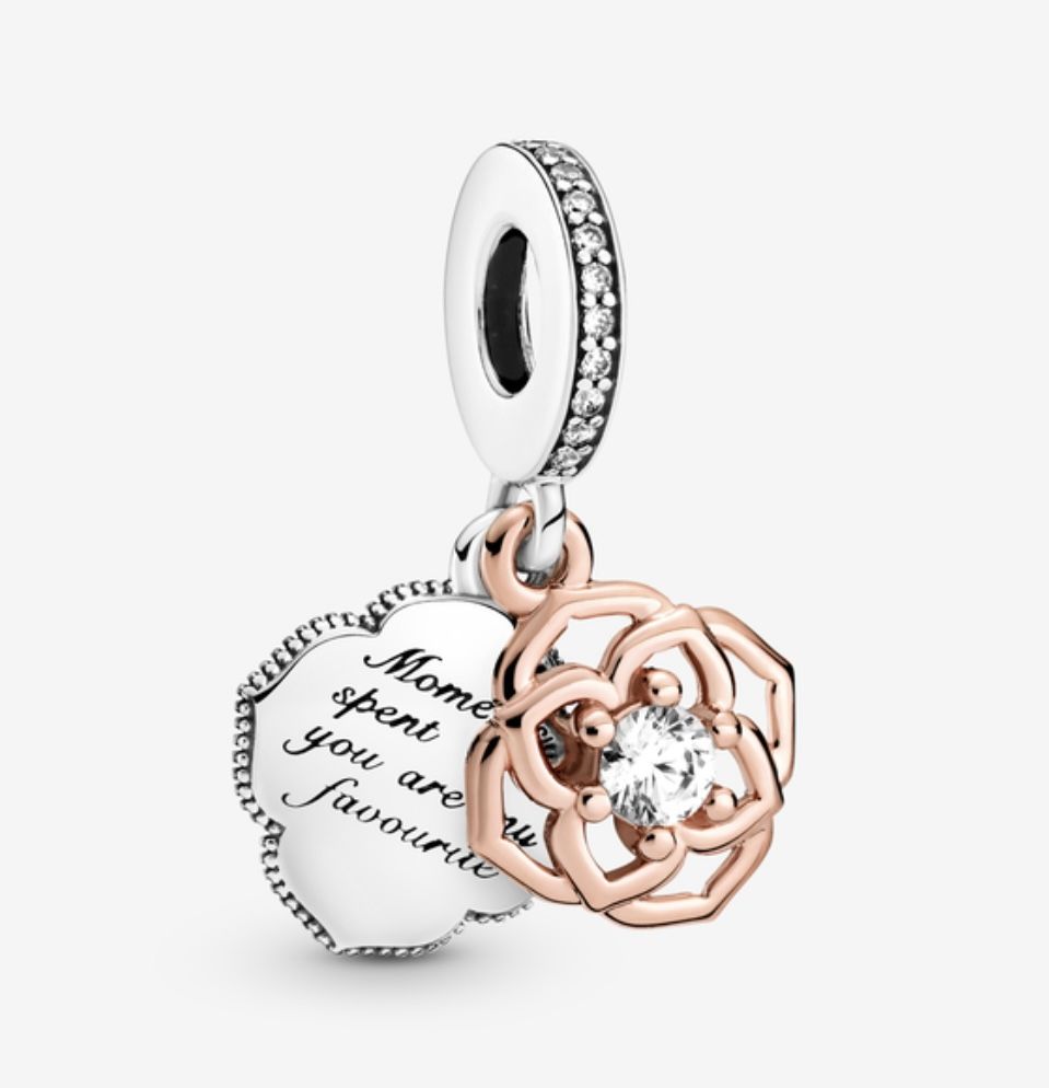 Pandora Two-tone Rose Dangle Charm Moments spent with you are my favourite