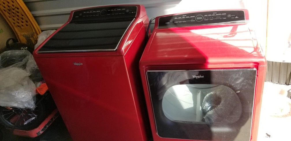 Whirlpool Cabrio Red Top Load Laundry Pair with WTW8500DR 28" Steam Washer and WED8500DR 29" Electric Steam Dryer