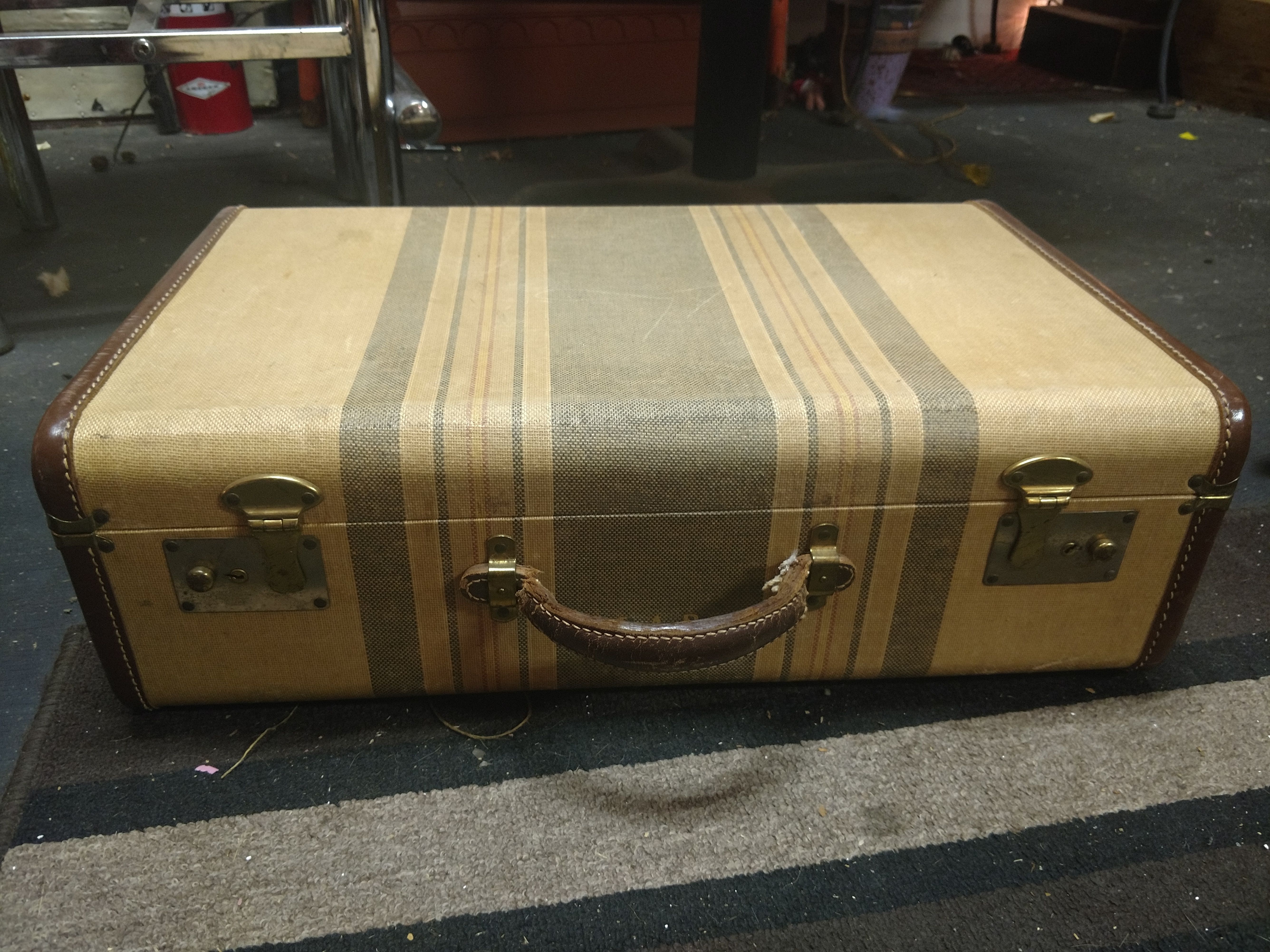 Vintage tweed striped suitcase