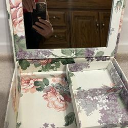 Jewelry Or Makeup Organizer Quilted Material With Mirror Included In Lid