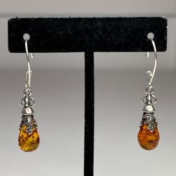 Sterling Silver Amber Drop Dangle Earrings Womens Fine Jewelry Elegant Design