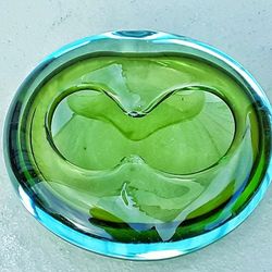 MURANO mid Century Modern Green Blue Art Glass Ashtray MCM