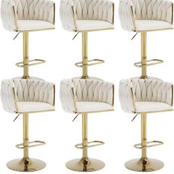 Gold Bar Stools Set of 6, Velvet Adjustable Bar Chairs with Woven Low Back, Modern Swivel Upholstered Counter Height Chairs for Kitchen Island, Dining