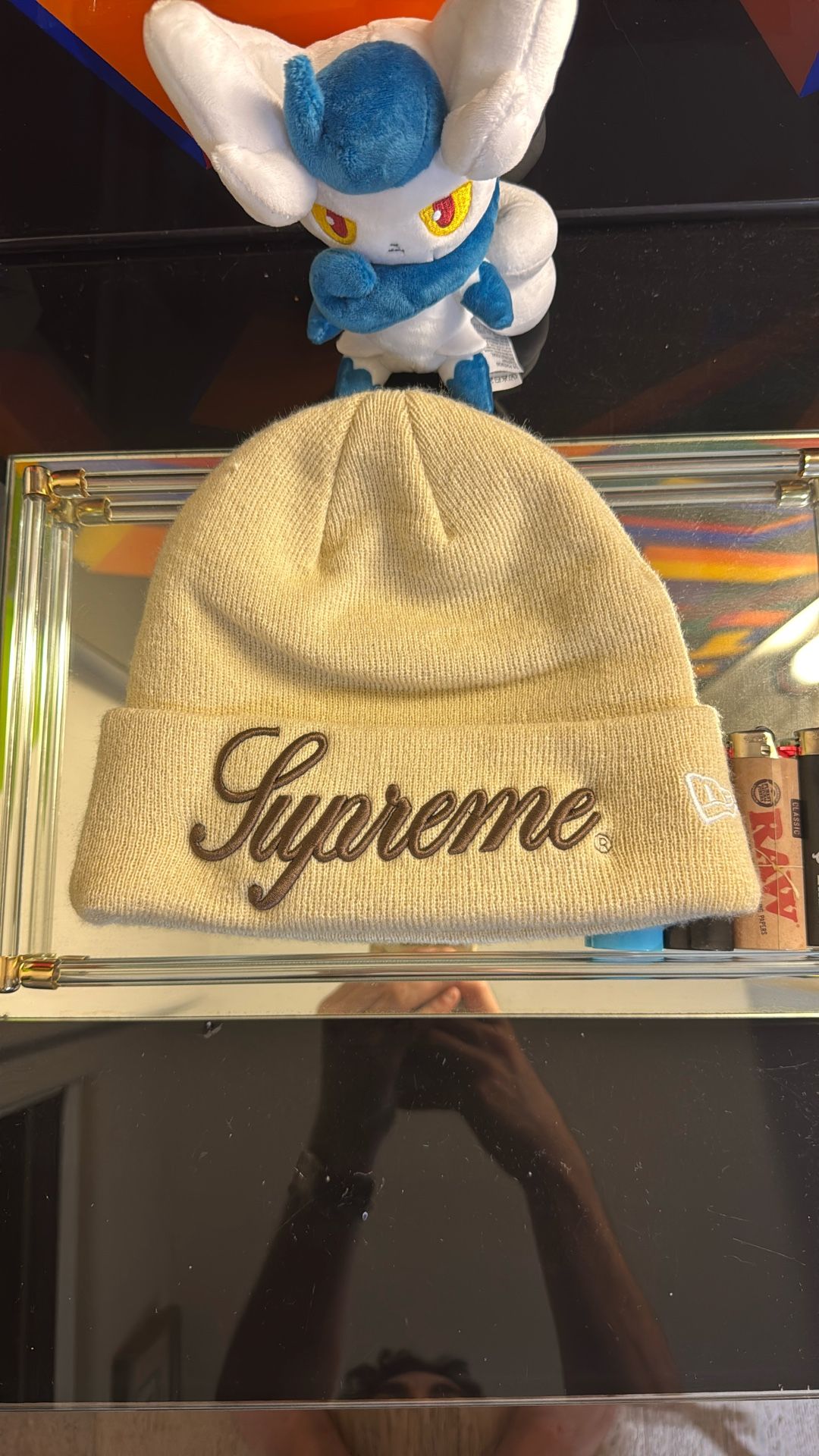 Supreme New Era Cursive Beanie Tan