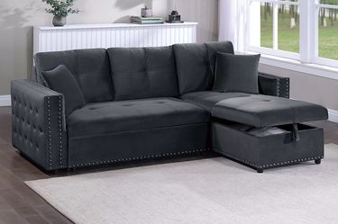 Brand new black or gray tufted linen convertible sectional with pullout sofa + storage chaise (Pull-Out Bed: 90" x 61" x 35"H)