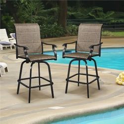 Set of 2 Texteline Patio Bistro Chairs, Outdoor Swivel Bar Stools with High Back and Armrest