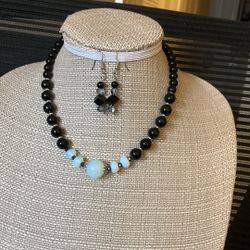 Black Agate , Moonstone & Crystals  Necklace With Matching Earrings.
