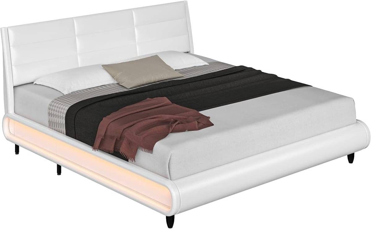 Upholstered Platform Bed Frame with LED Lights and Adjustable Headboard