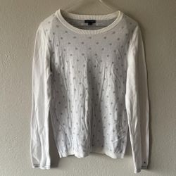 Tommy Hilfiger,  Women’s White Grey Polka Dot Crew Neck Sweater, Size L